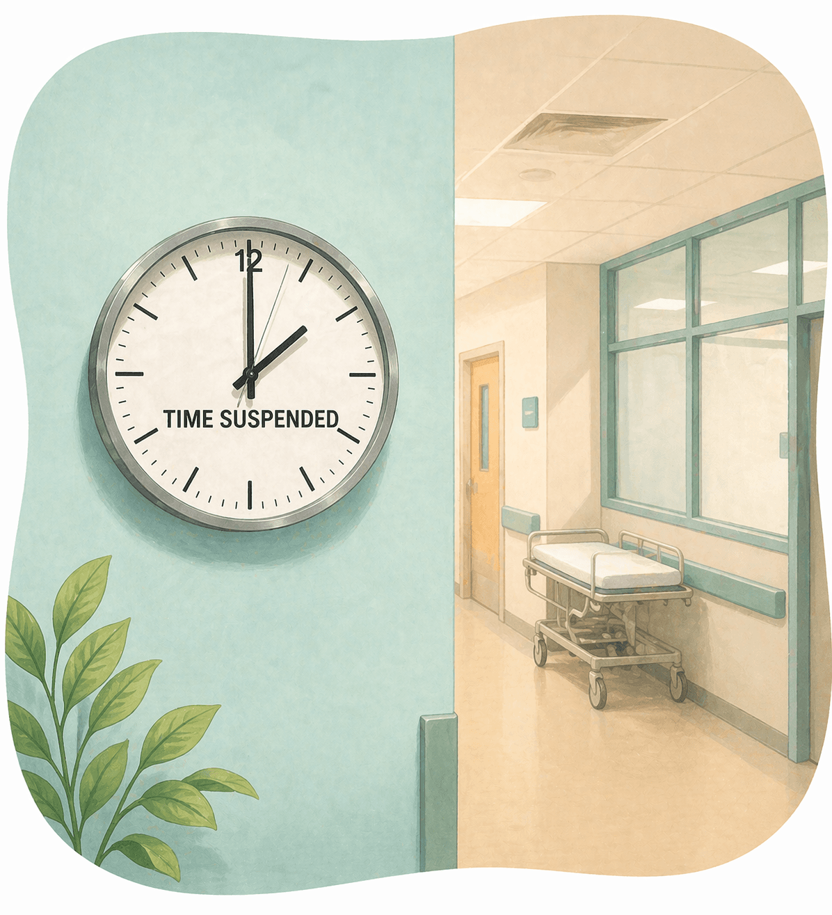 Large wall clock with 'TIME SUSPENDED' text beside a quiet hospital corridor and empty gurney.
