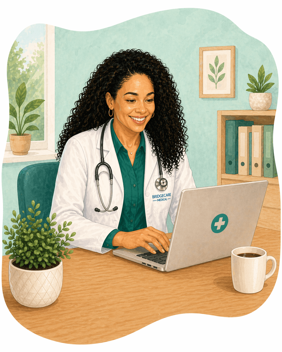Smiling female doctor with curly hair using a laptop in a bright, plant-filled office.