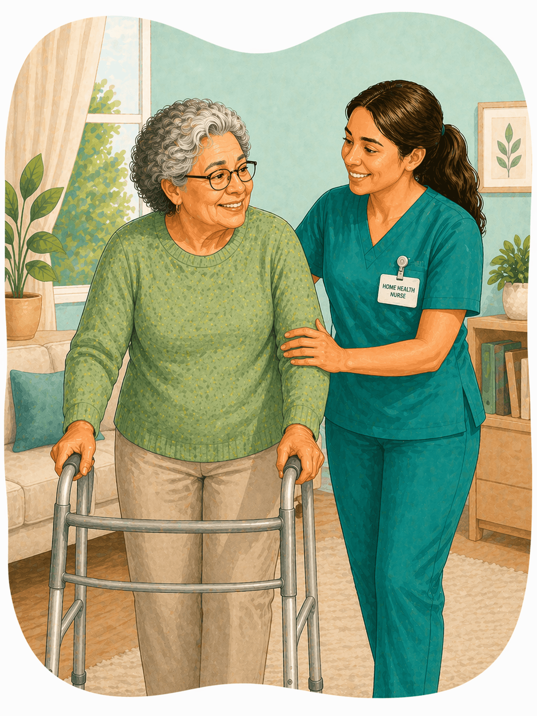 Smiling home health nurse assists an elderly woman using a walker in a living room.