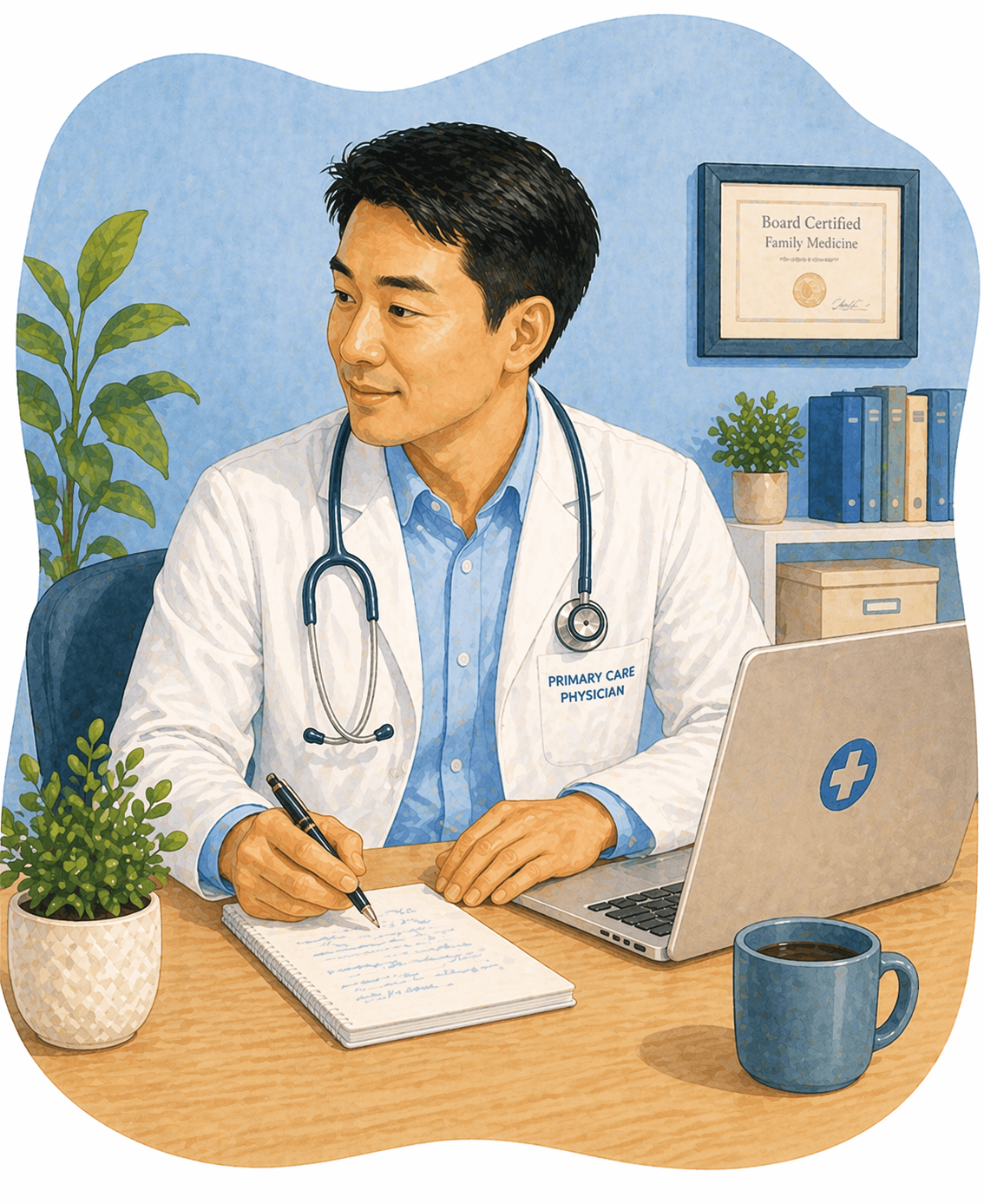 East Asian male primary care physician in a white coat writing notes at his desk.