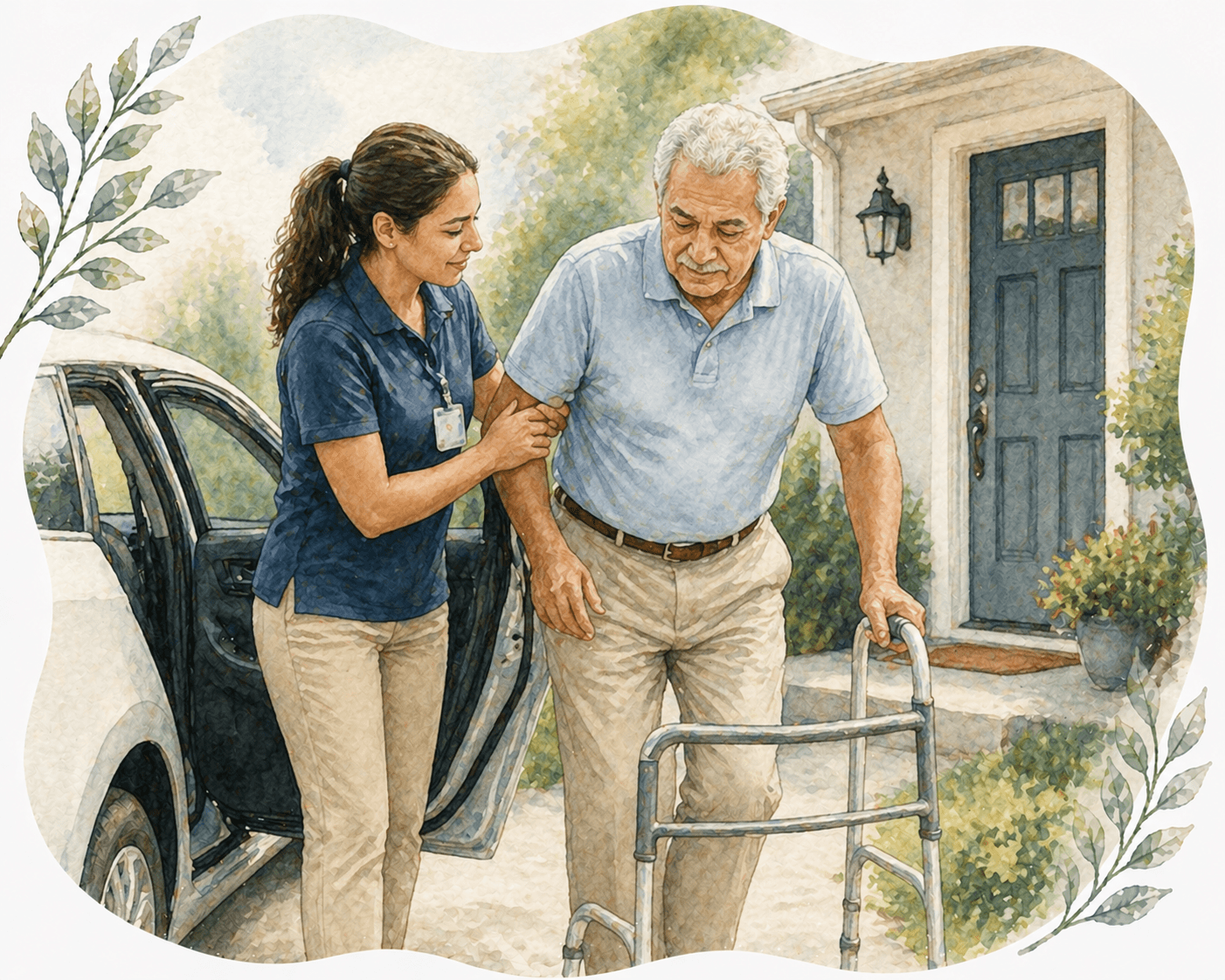 Female caregiver helps an elderly man with a walker exit a car at home.