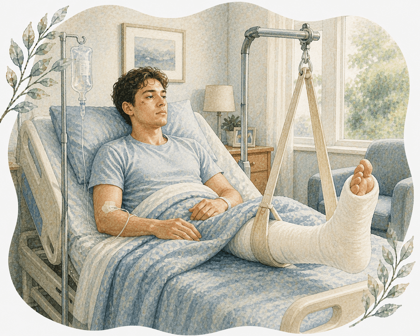 Young man with a bruised face in a hospital bed with his leg in traction.
