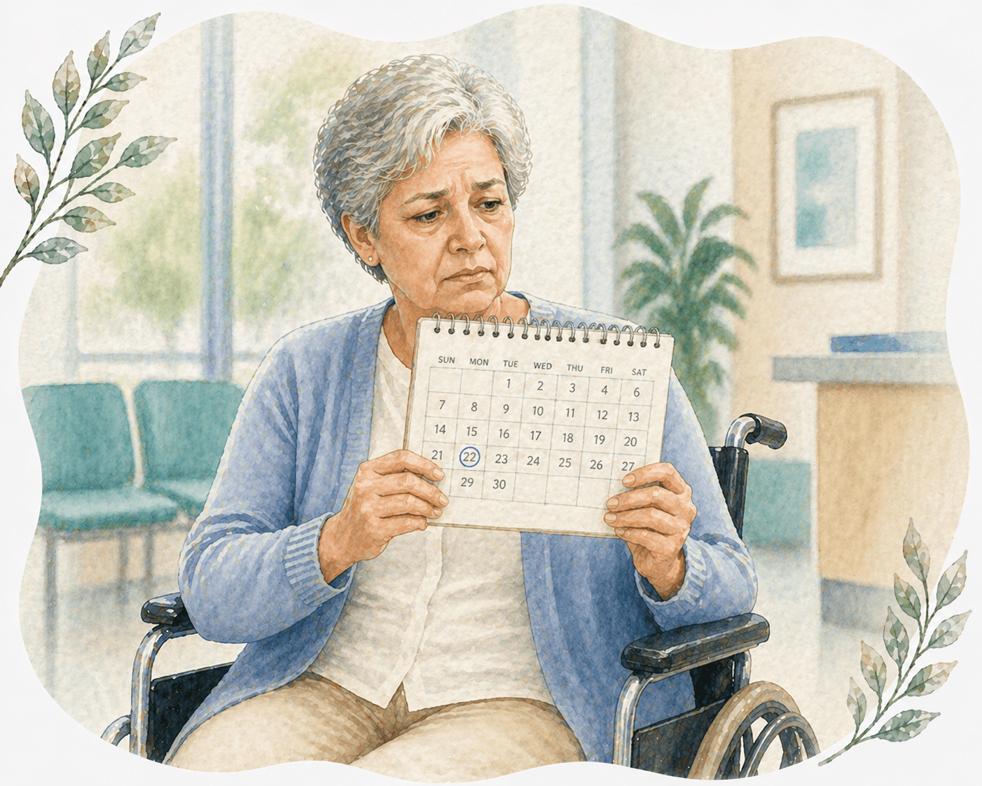 Concerned elderly woman sitting in a wheelchair holding a calendar with a circled date.