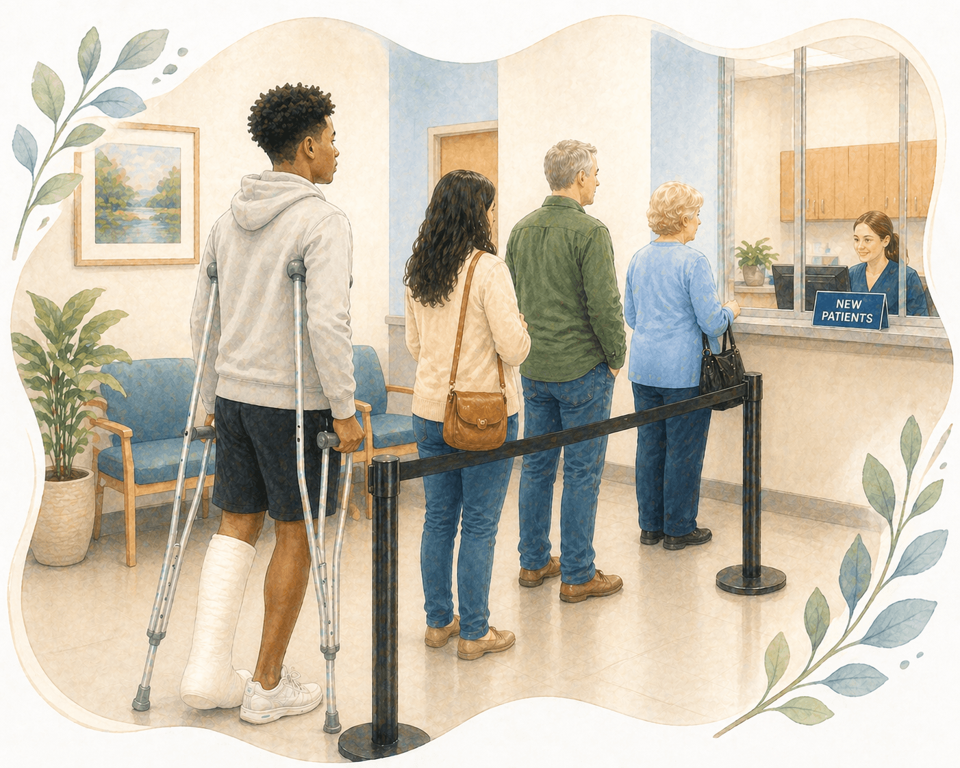 Patients, including a man on crutches, wait in line at a clinic reception desk.