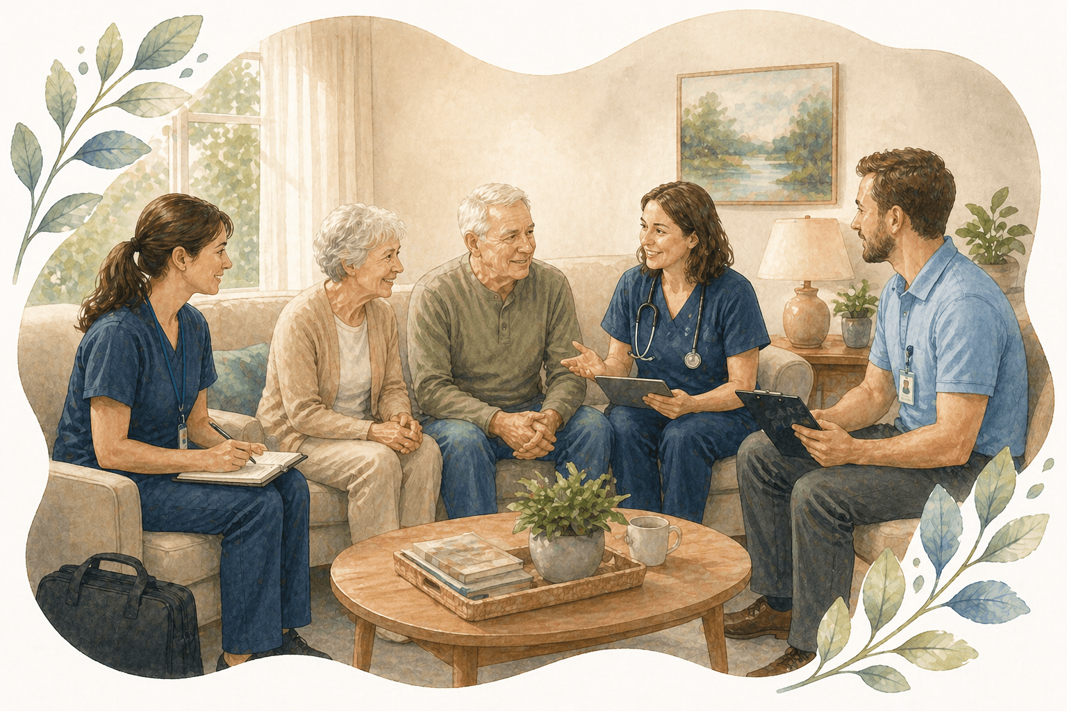 Watercolor illustration of healthcare professionals consulting with an elderly couple in a cozy living room.