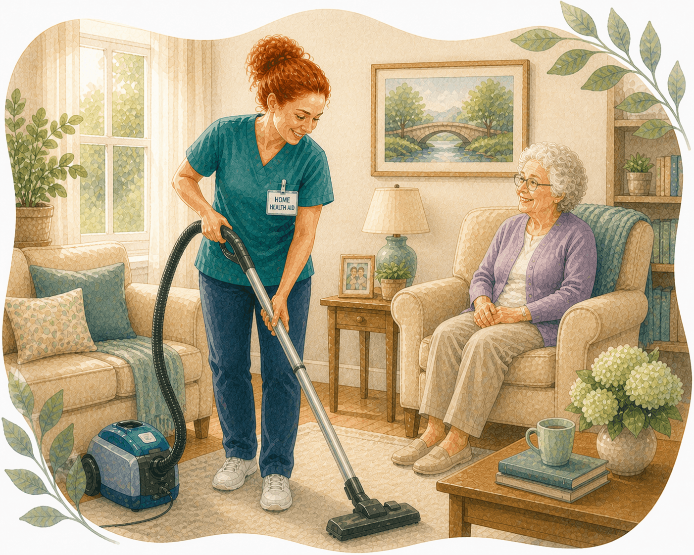 Home health aid vacuums a rug while an elderly woman smiles from her armchair.