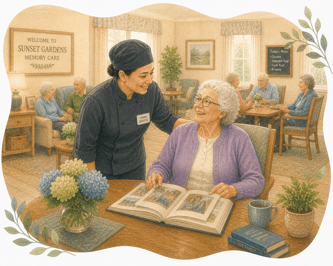 Staff member and elderly resident smile while looking at a photo album in memory care.