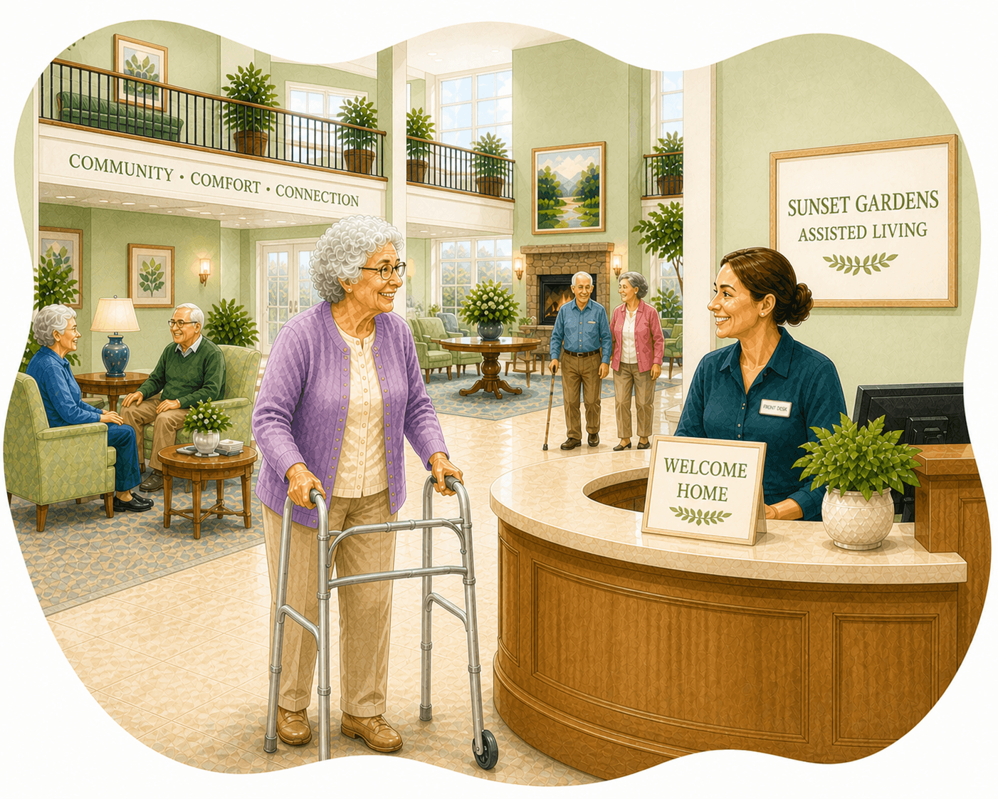 Senior woman using walker smiles at receptionist in a bright, welcoming assisted living lobby.