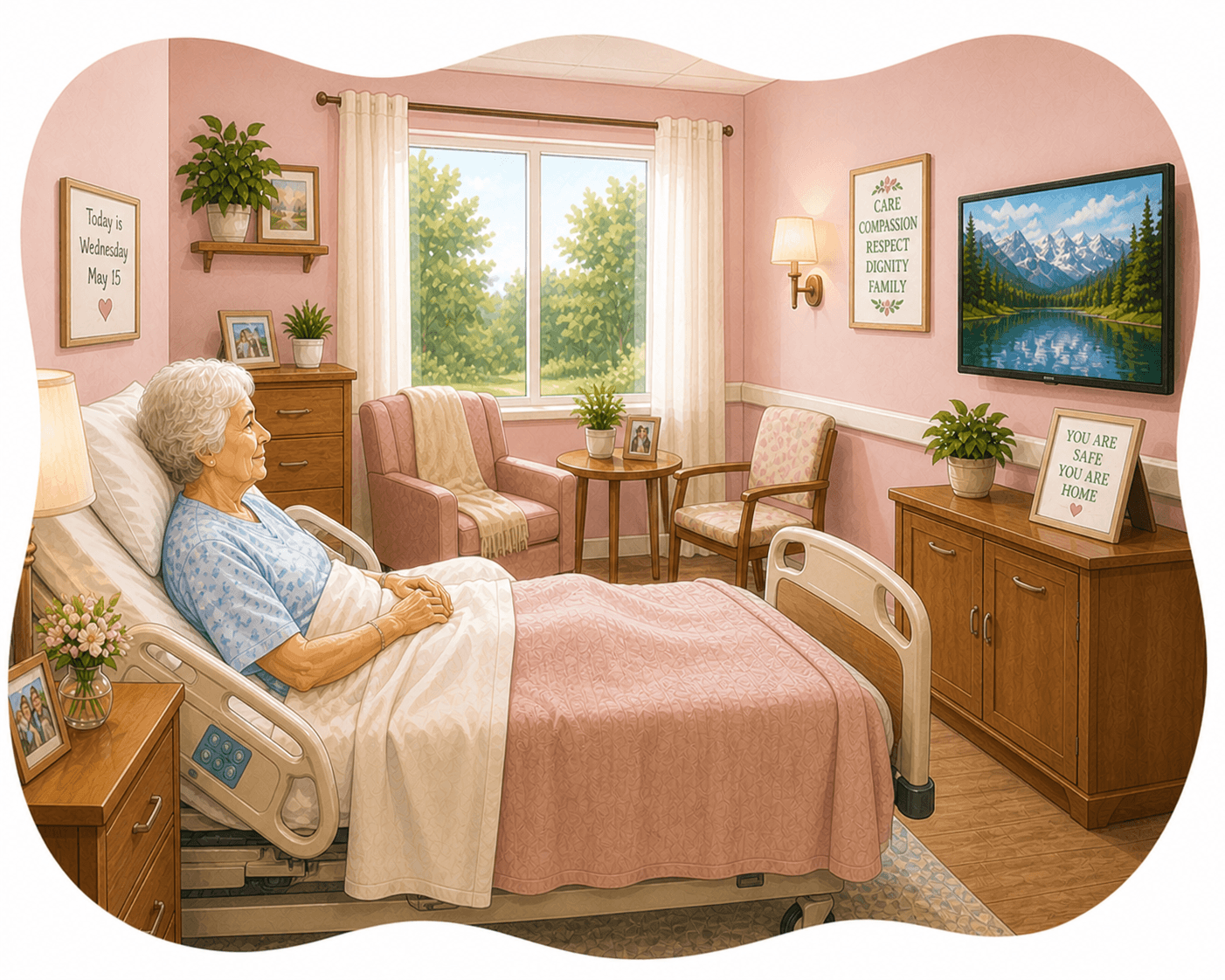 Elderly woman sits in a hospital bed in a cozy, pink room with homey decor.