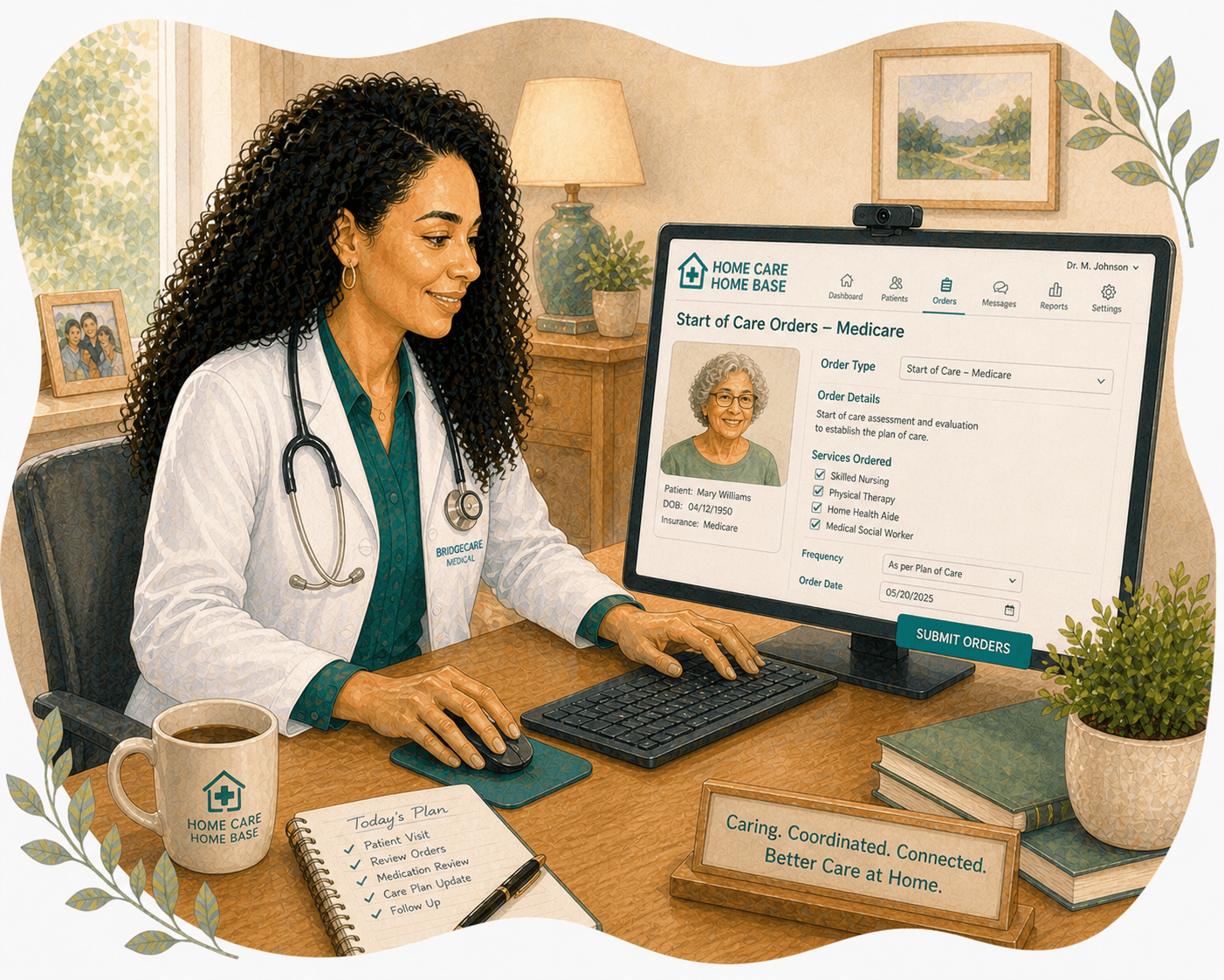 Female physician reviews digital patient care orders on a computer in a professional office.