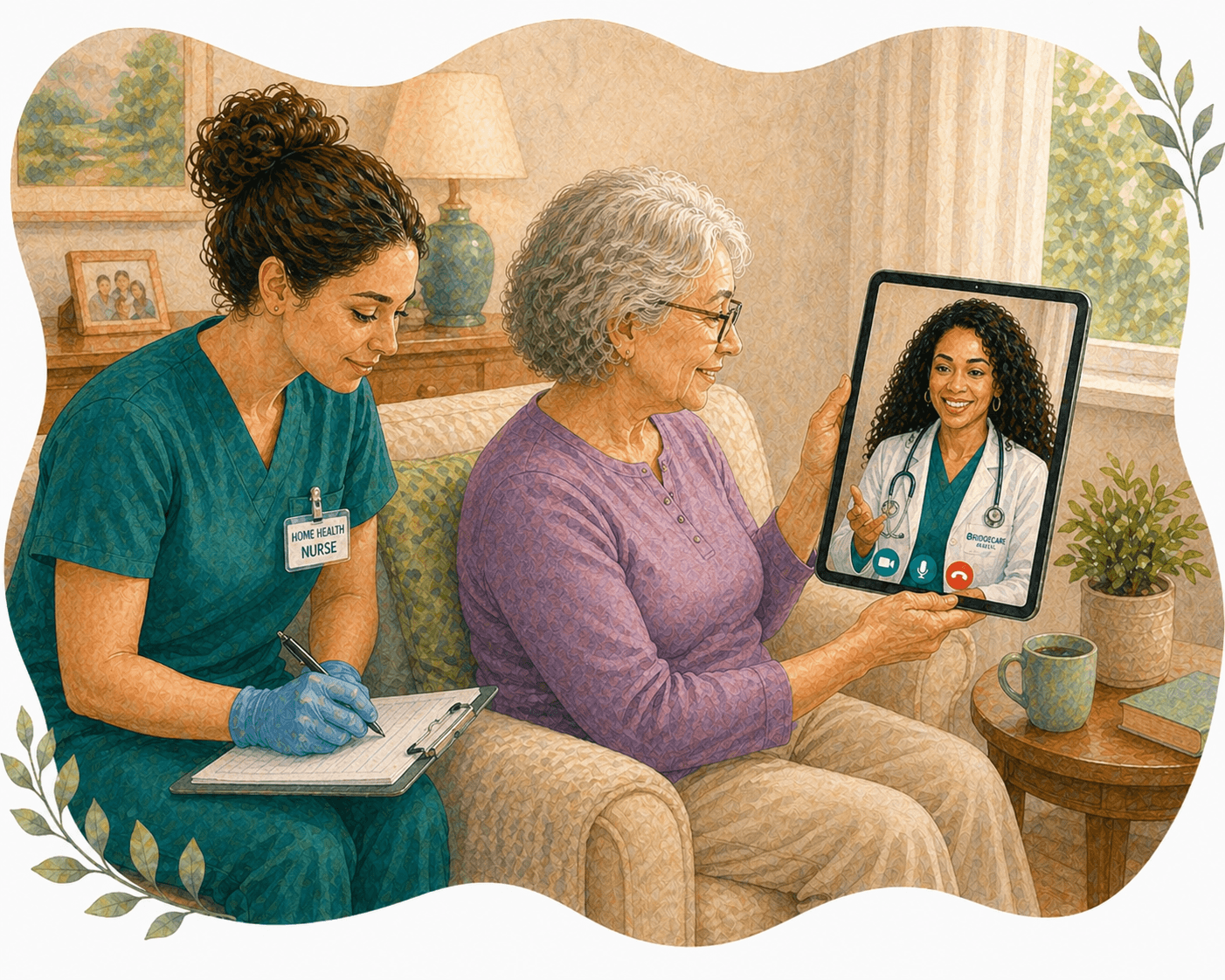 Home health nurse takes notes as an elderly woman has a telehealth video consultation.