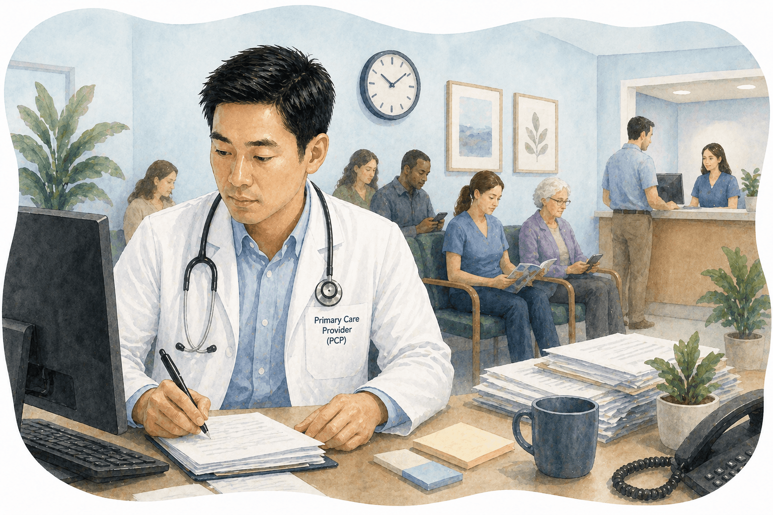 Primary care provider writing at a desk in a watercolor medical office with waiting patients.