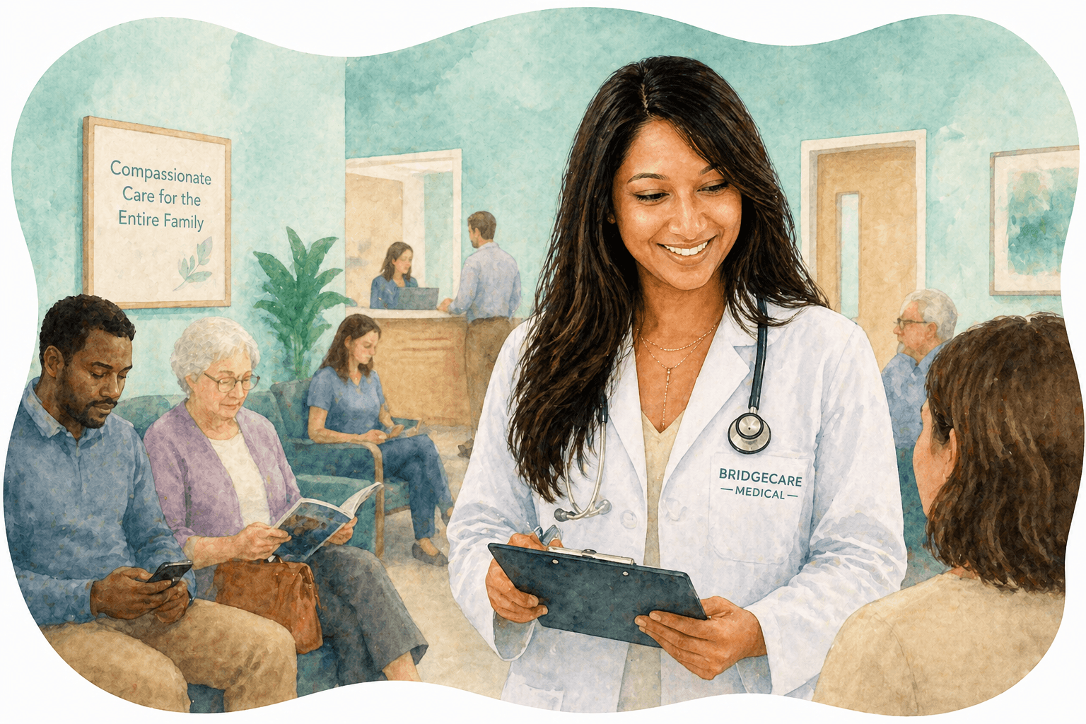 Smiling doctor in a white coat talks to a patient in a busy waiting room.