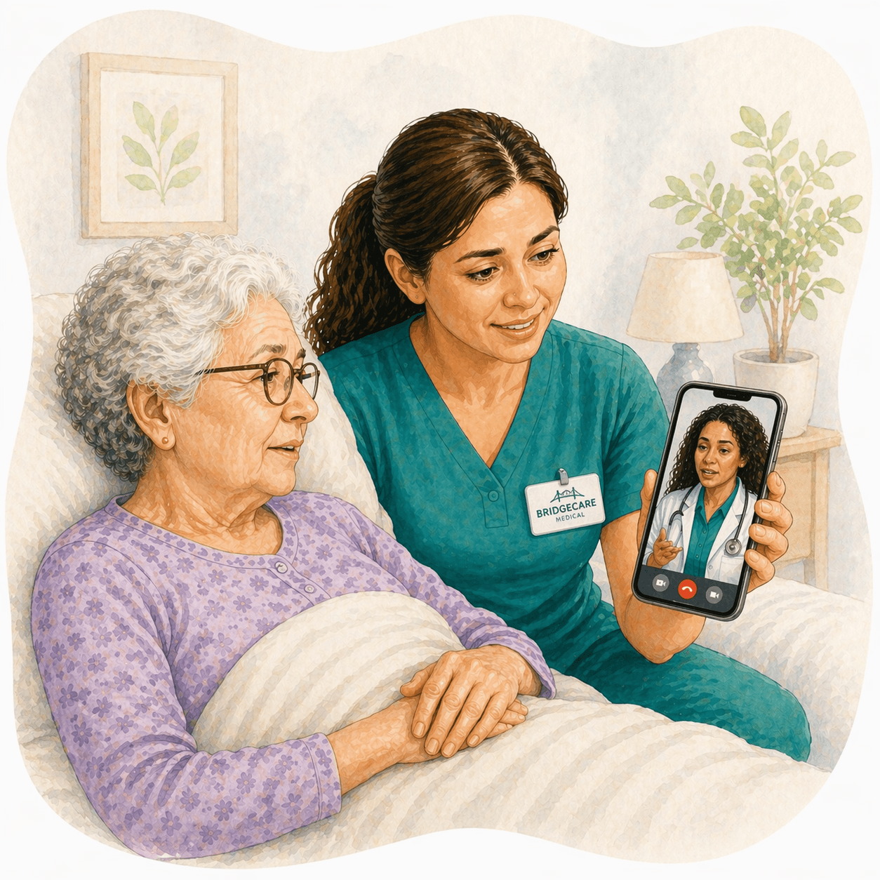 Nurse shows a video call with a doctor to an elderly woman in bed.