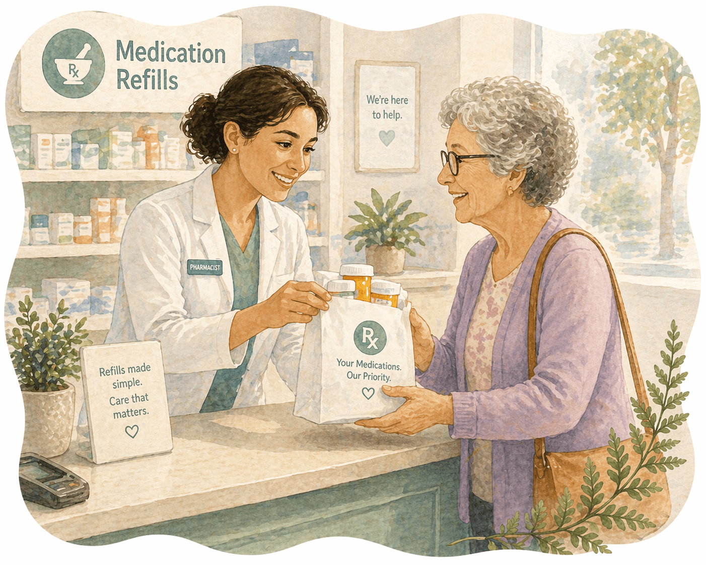 Smiling pharmacist hands a prescription bag to an elderly woman at a pharmacy counter.