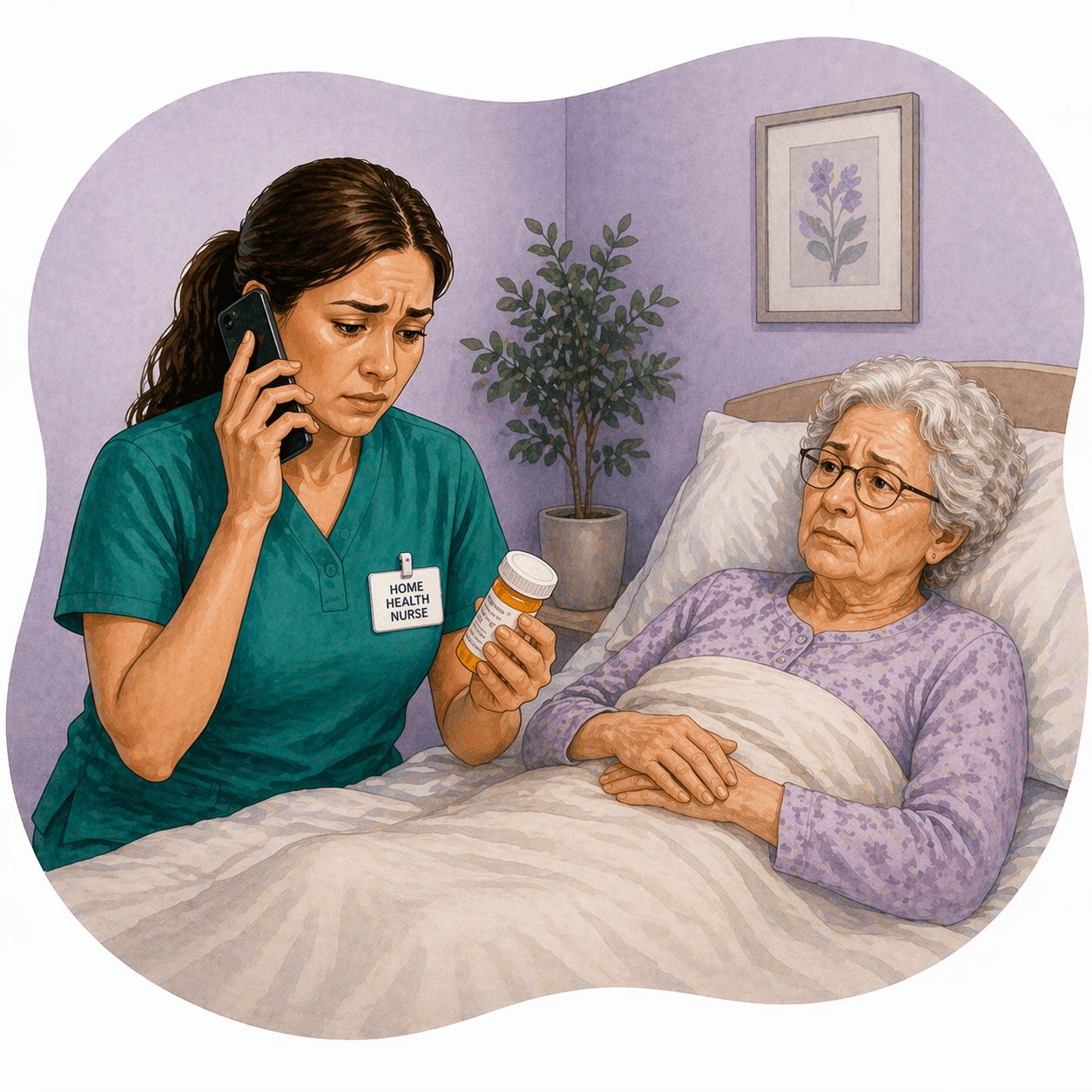 Concerned home health nurse on phone holding medication bottle beside an elderly woman in bed.
