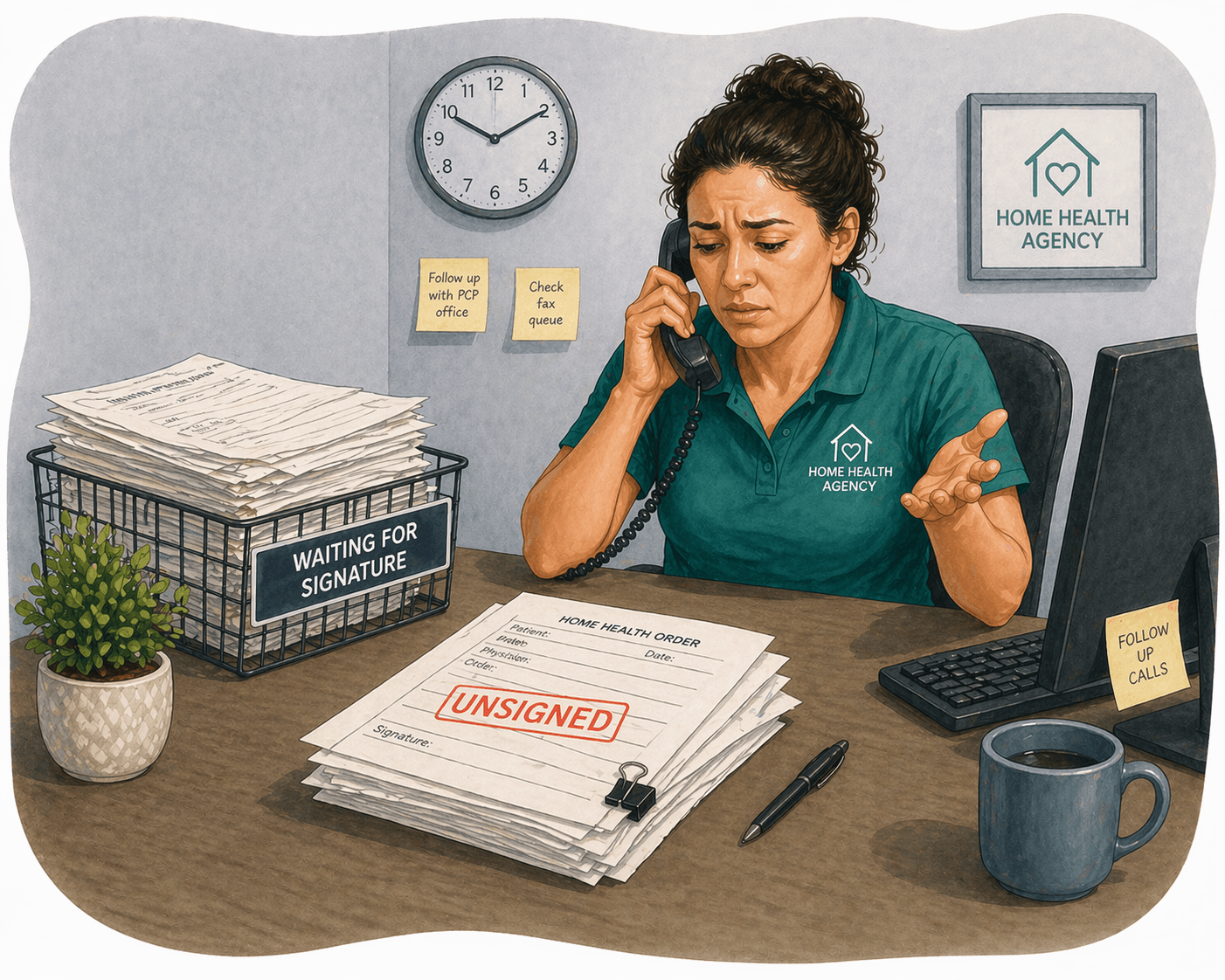 Frustrated home health worker on the phone, managing a backlog of unsigned medical orders.