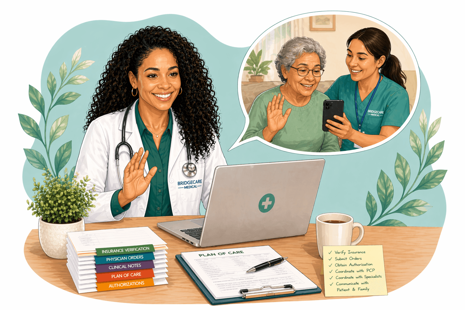 Smiling doctor waving during a telehealth call with an elderly patient and a caregiver.