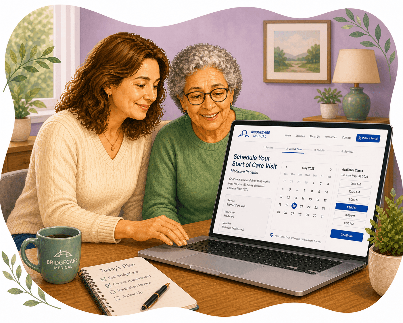 Younger woman and senior woman use a laptop to schedule a medical appointment at home.