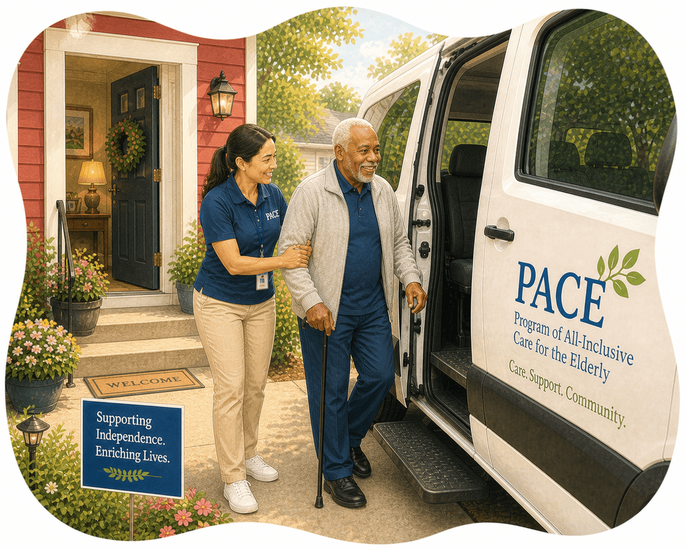 A caregiver assists an elderly man with a cane into a white PACE transport van.