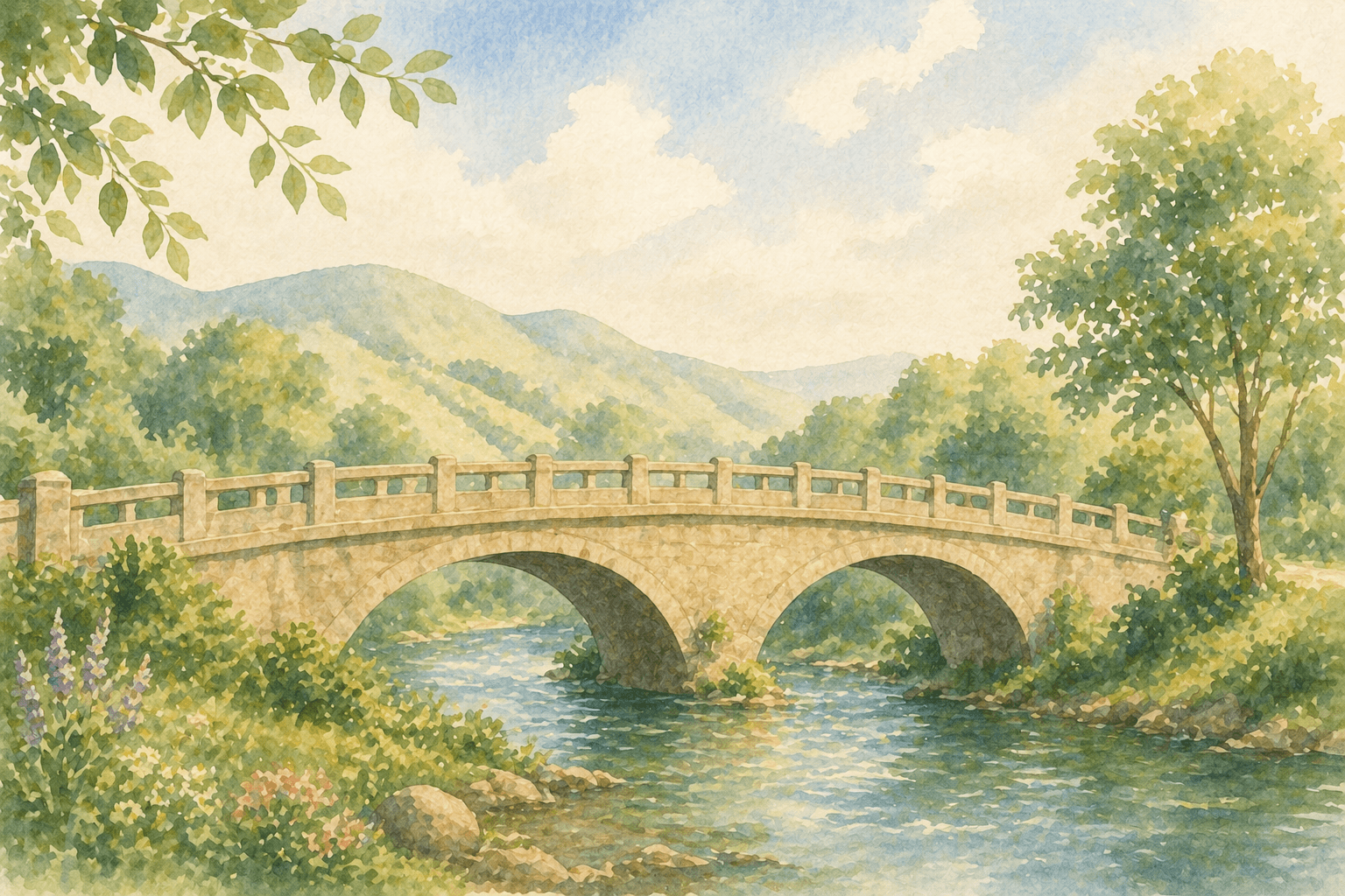 Watercolor painting of a stone arch bridge over a river, surrounded by lush green hills.