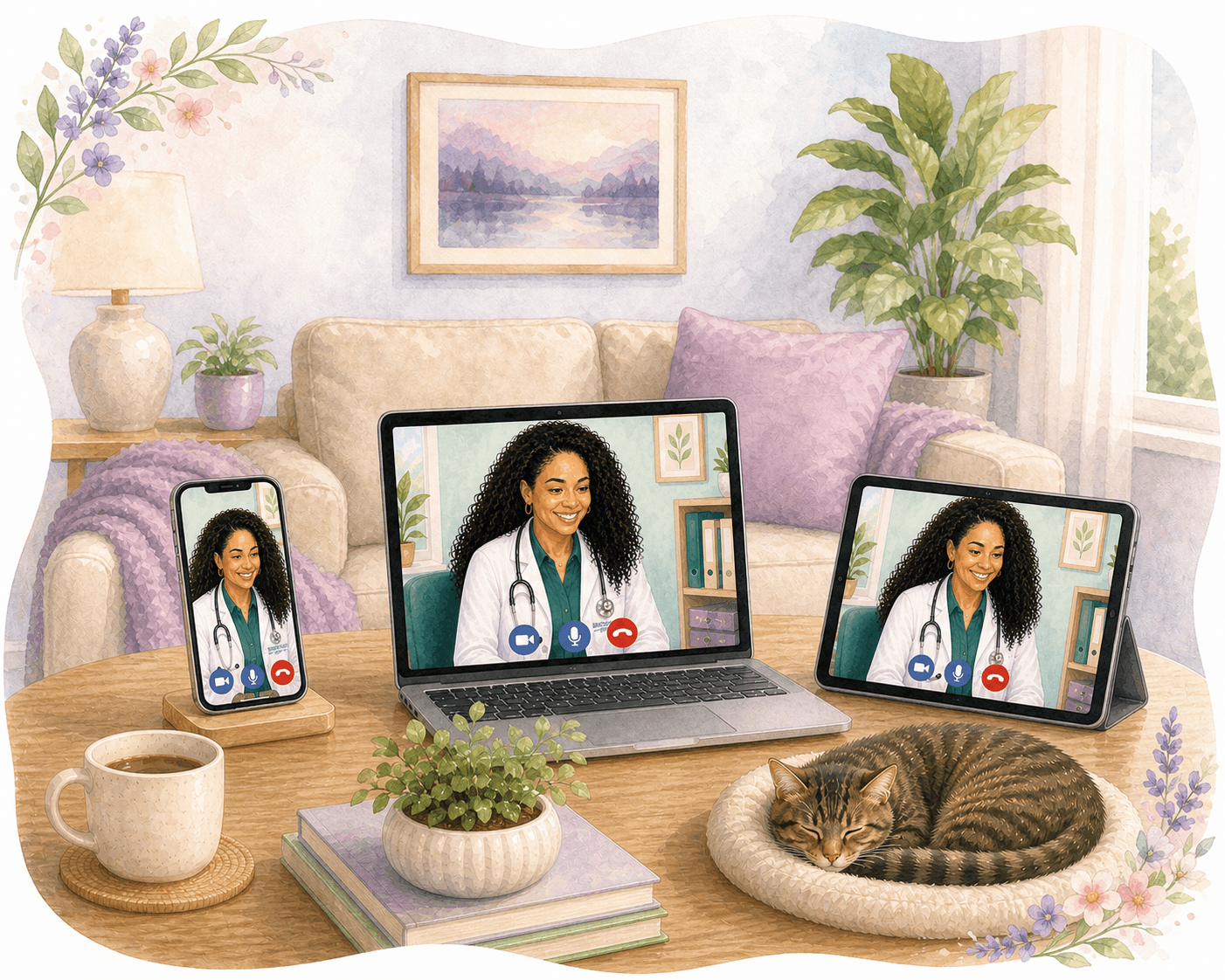 Telehealth video call with a female doctor on multiple devices in a cozy living room.