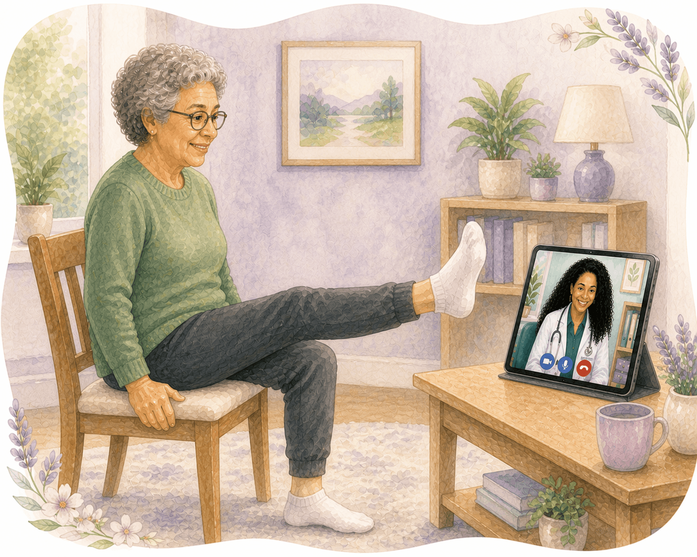 Senior woman performs leg exercises during a telehealth appointment with a doctor on a tablet.