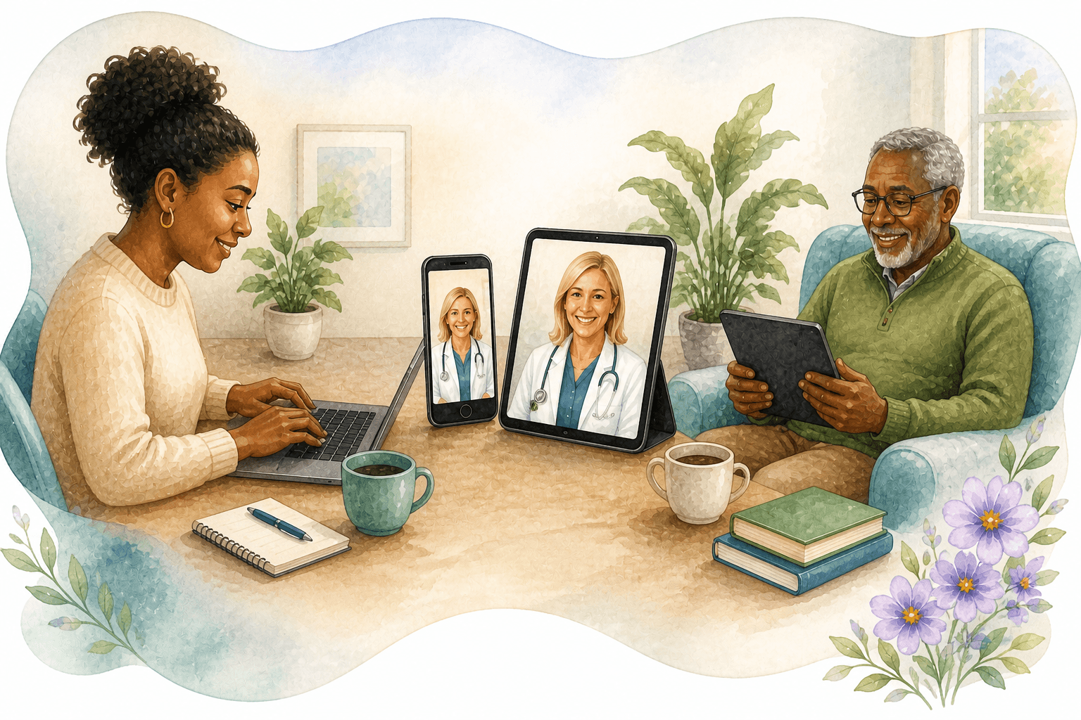 Black woman and senior man using digital devices for a telehealth appointment with a doctor.