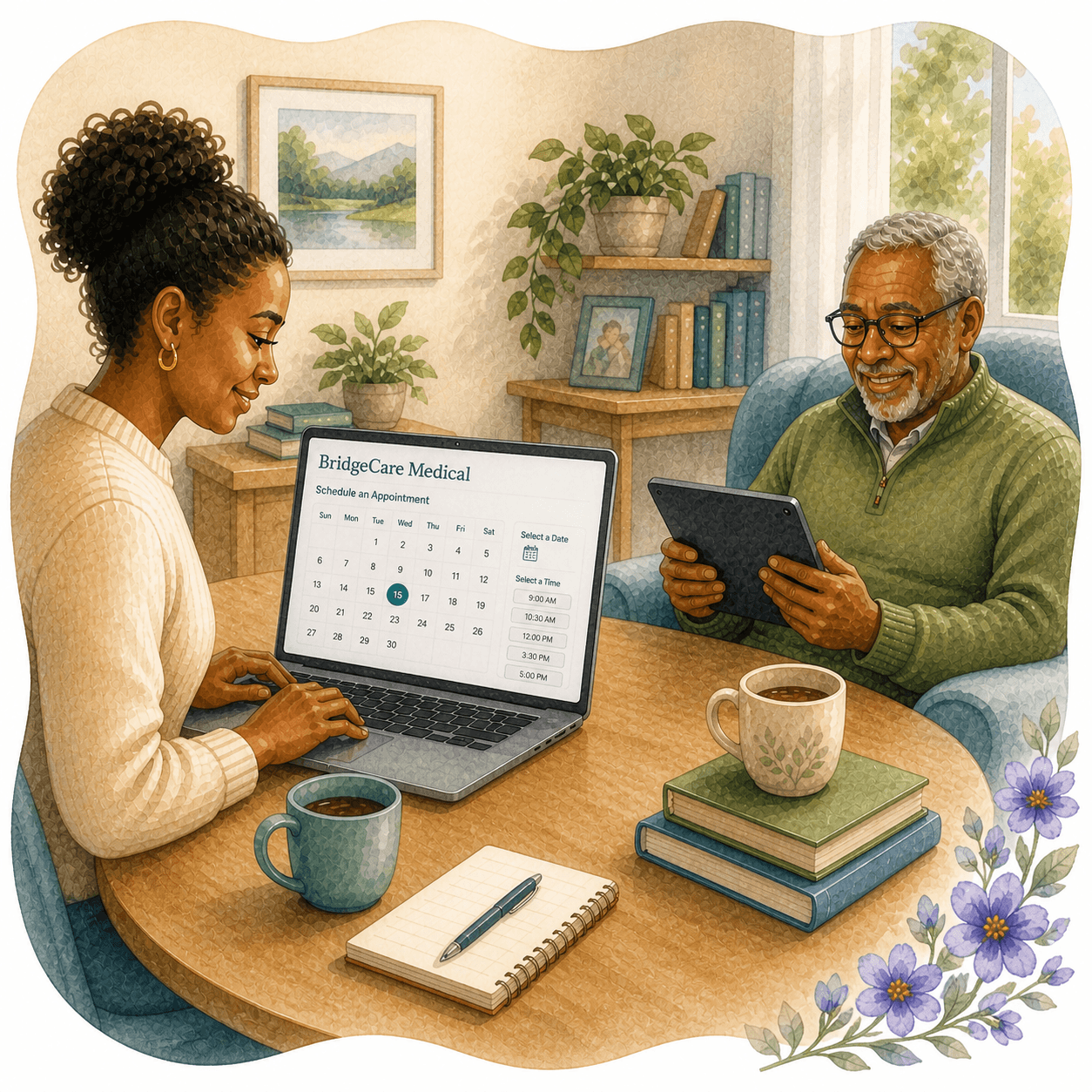 Woman and senior man schedule a medical appointment online using a laptop and tablet.