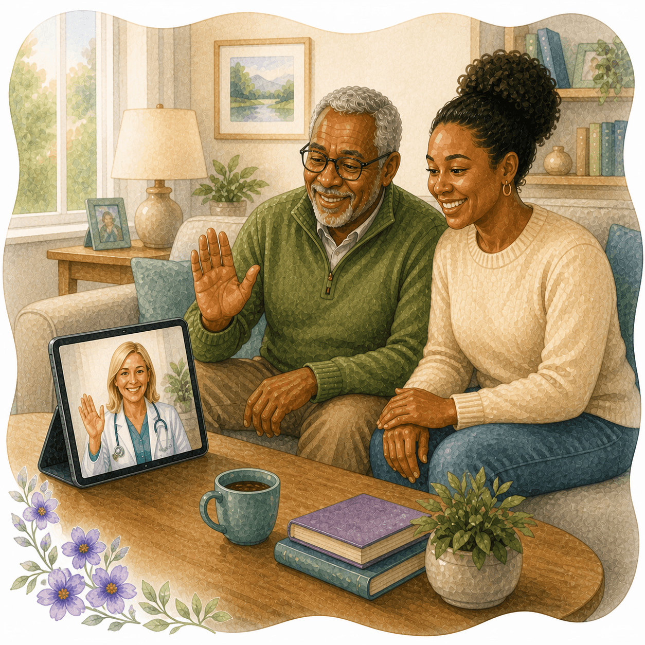 Older Black man and woman wave at a doctor on a tablet during telehealth call.
