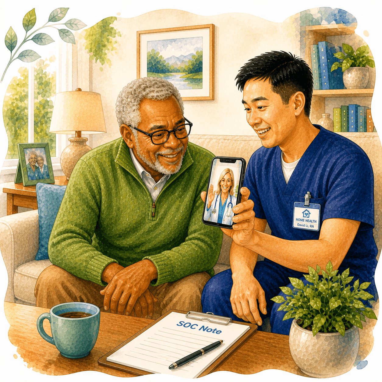 Home health nurse shows an elderly man a telehealth video call with a doctor.