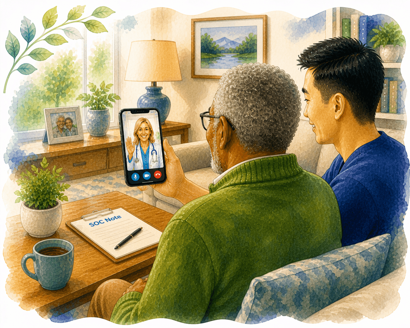 Two men on a couch conduct a telehealth video call with a doctor via smartphone.