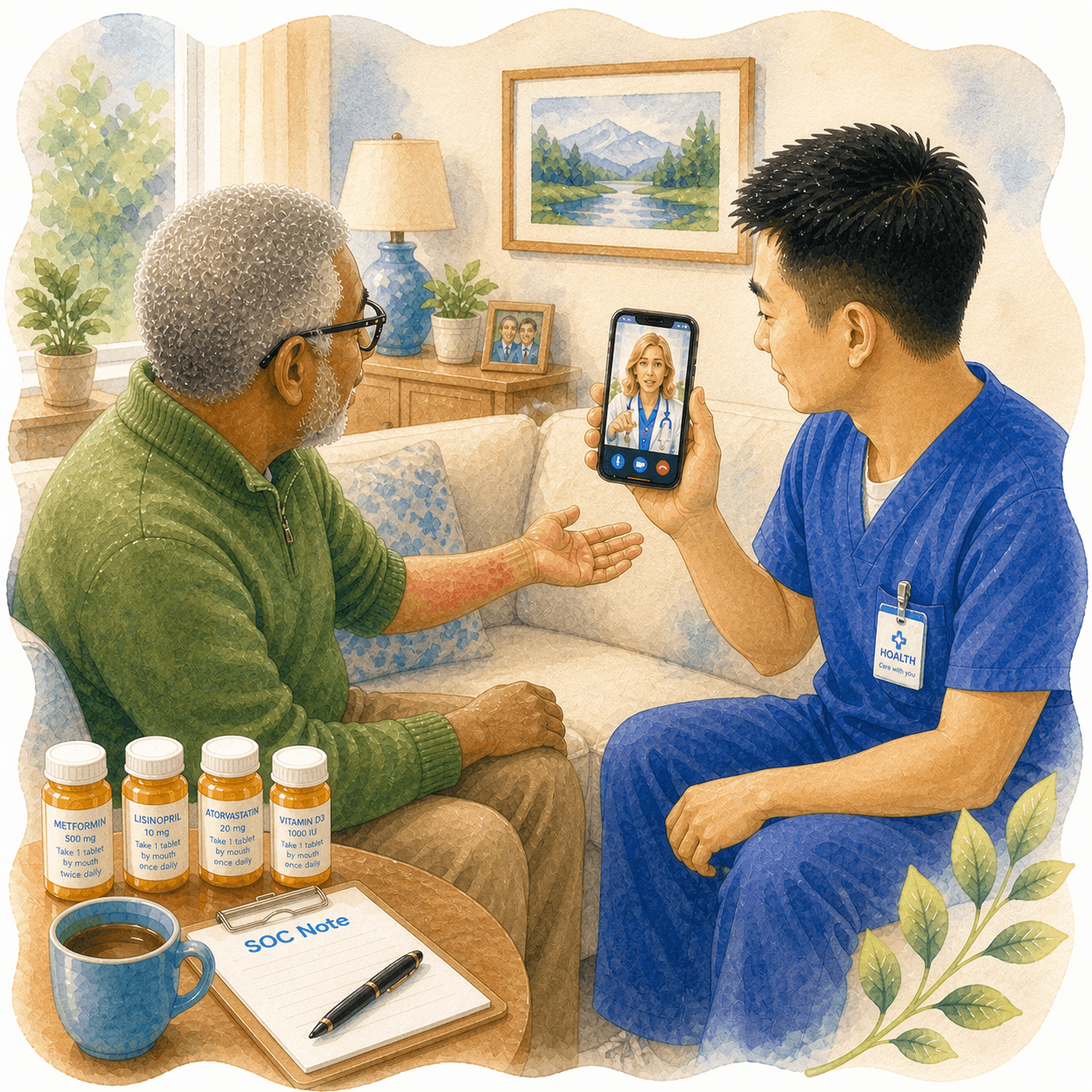 Healthcare worker holds a smartphone for a telehealth call with an elderly man at home.
