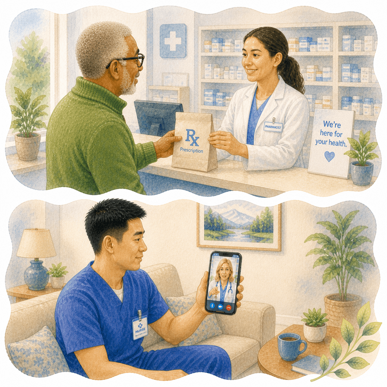 Pharmacist handing a prescription to a man and a nurse conducting a telehealth video call.