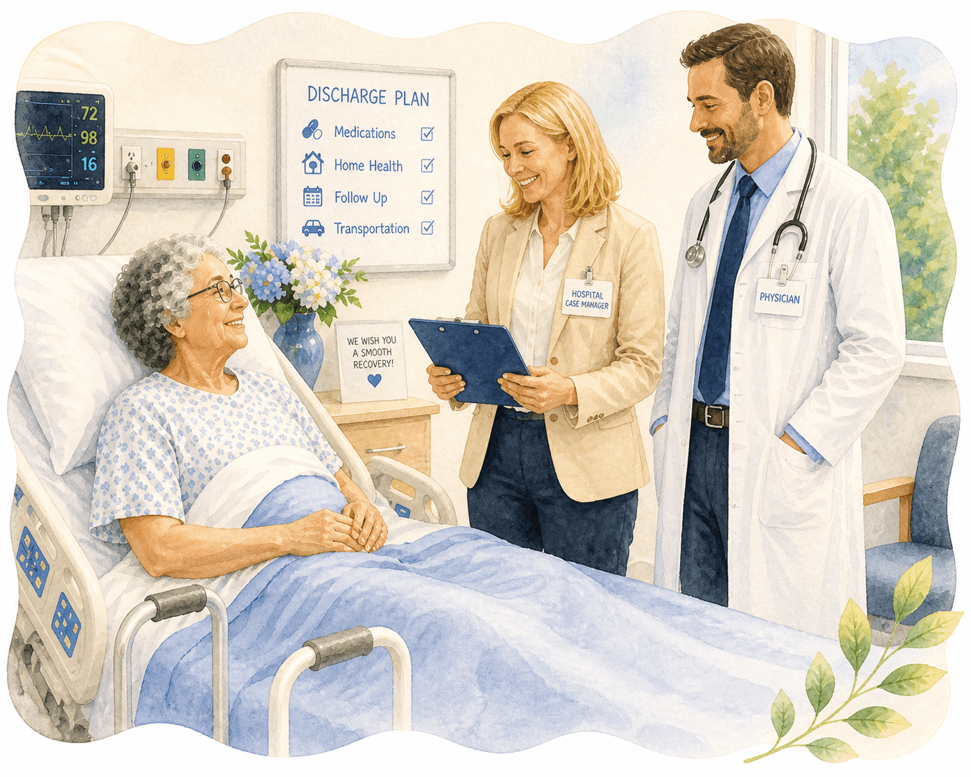 Physician and case manager discuss a discharge plan with a smiling elderly patient in bed.