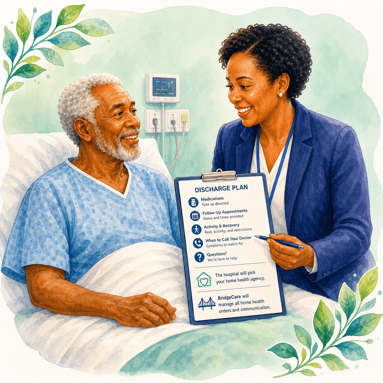 Healthcare professional reviews a discharge plan with a smiling elderly patient in a hospital bed.