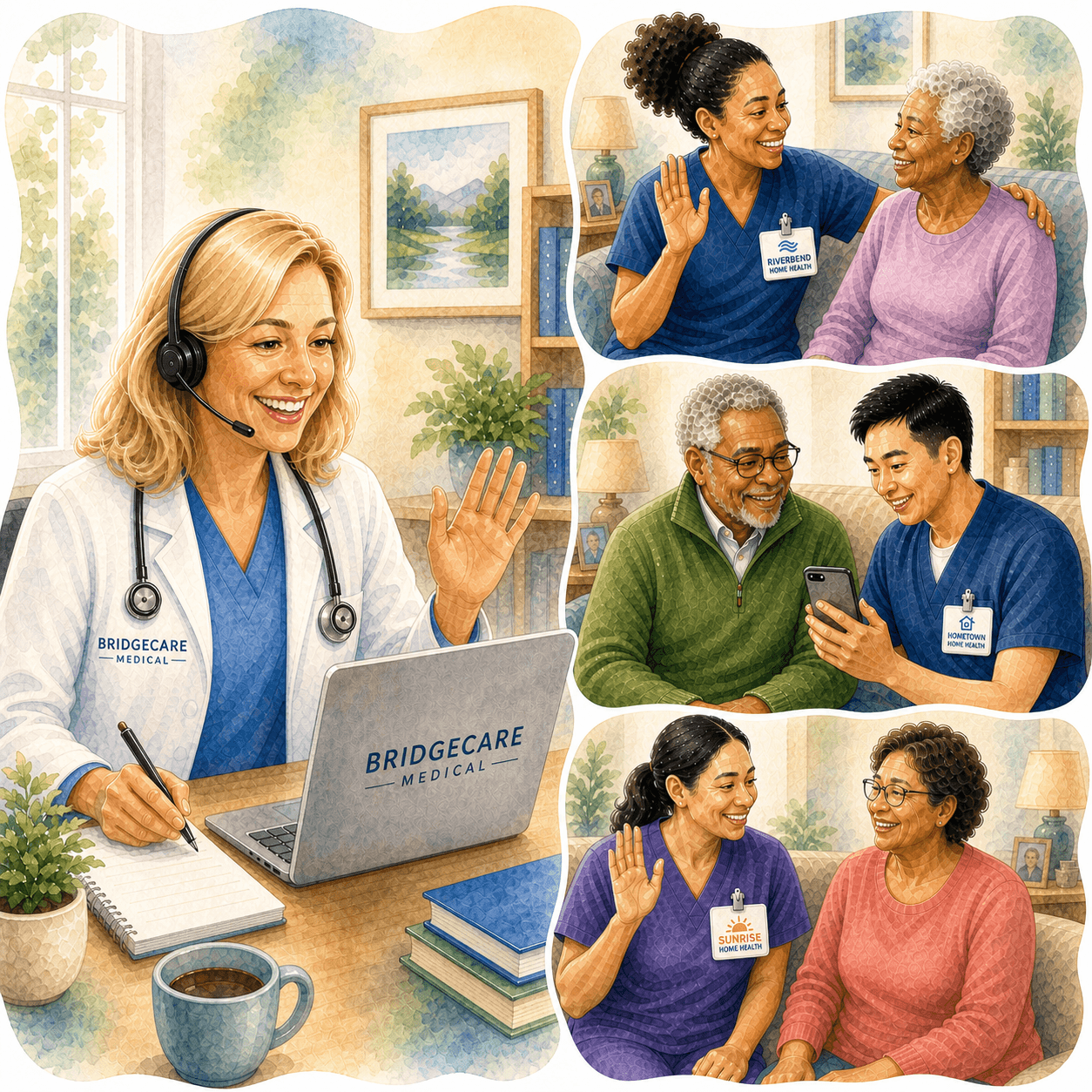 Watercolor collage showing a telehealth doctor and home health nurses caring for elderly patients.