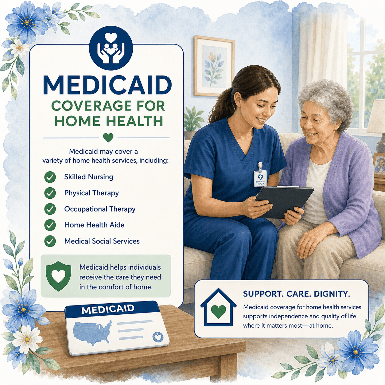 Nurse and elderly woman view a tablet next to Medicaid home health coverage details.