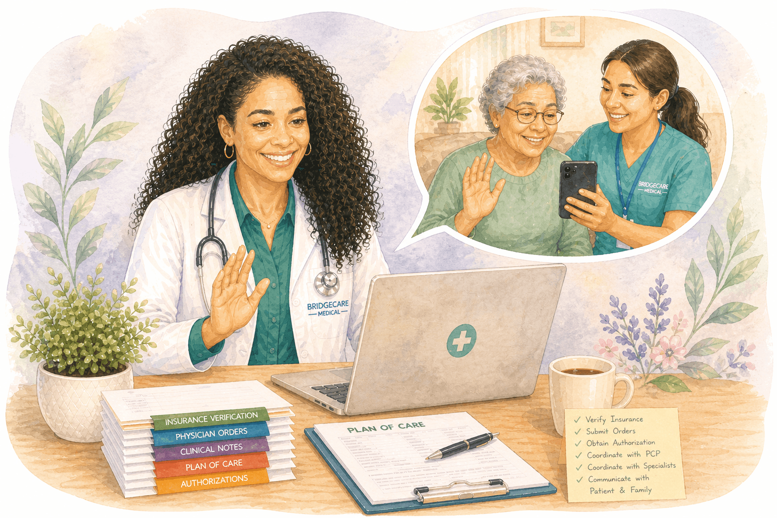 Female doctor waving at a laptop during a telehealth call with a senior and nurse.