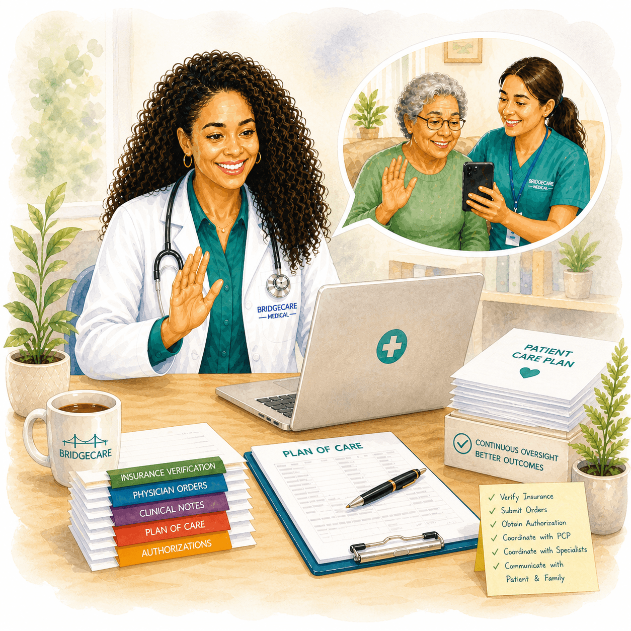 Doctor waving at a laptop during a telehealth call with an elderly patient and caregiver.