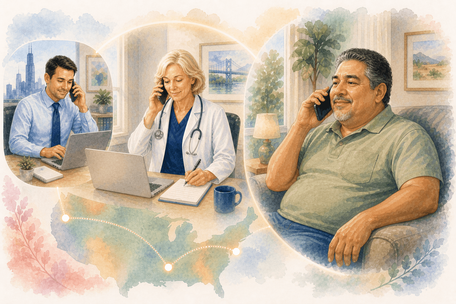 Doctor, patient, and businessman connected by phone across a map of the United States.
