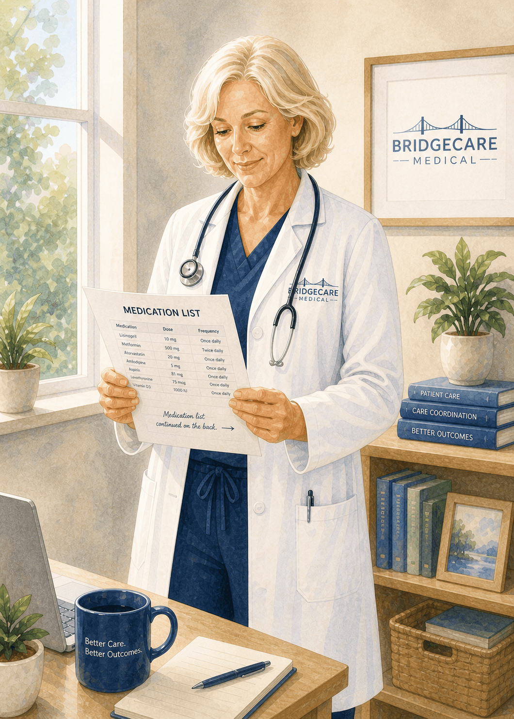 Blonde female doctor in a white coat reviewing a medication list in a medical office.