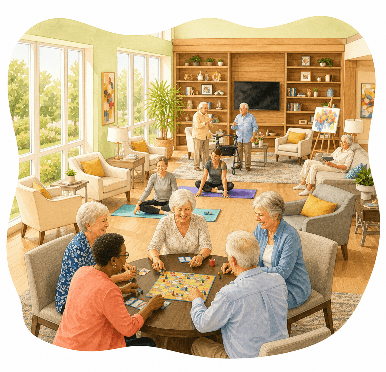 Seniors enjoying board games, yoga, and art in a bright, spacious communal living area.