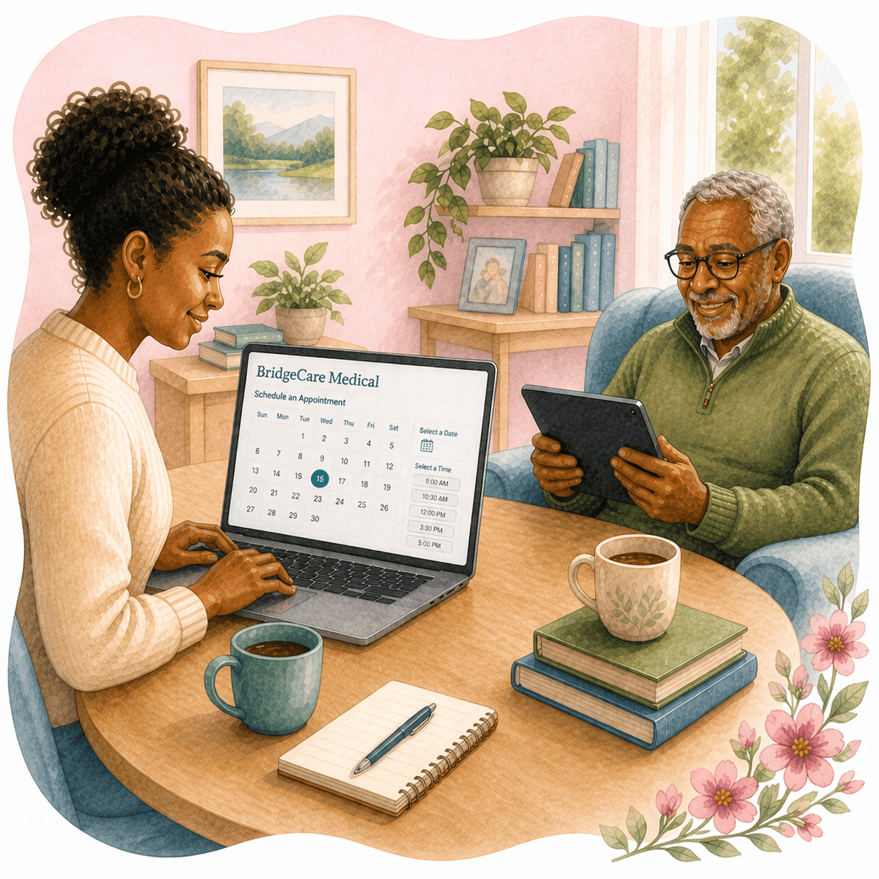 Woman helps senior man schedule a medical appointment on a laptop in a cozy home.