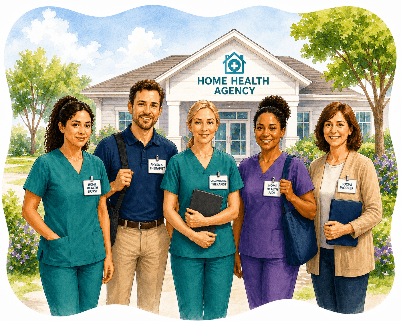 Five diverse home health professionals smiling in front of a Home Health Agency building.
