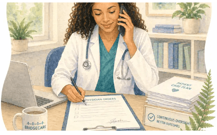 Watercolor illustration of a female doctor talking on a phone while writing physician orders.