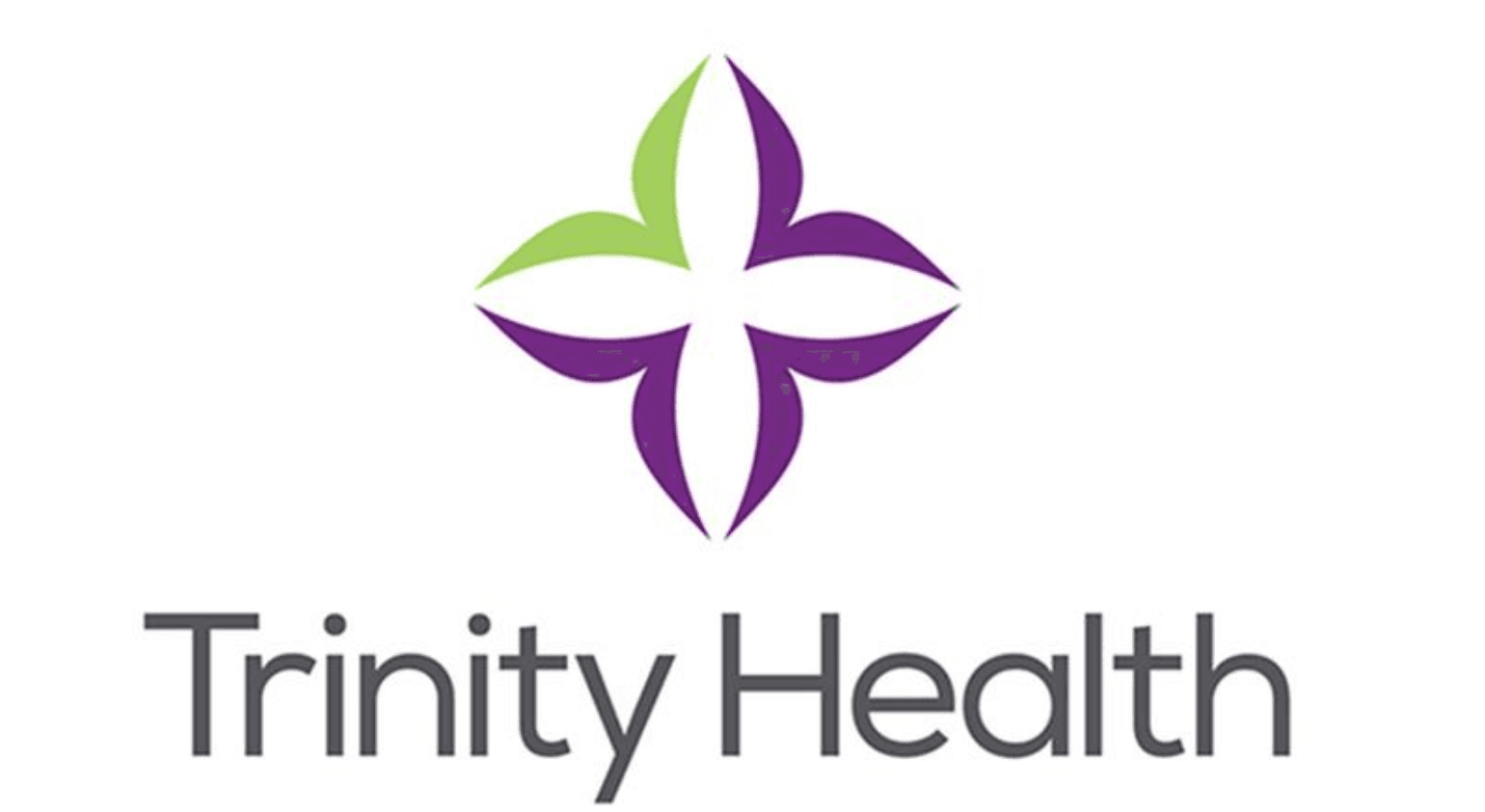 Trinity Health logo featuring a stylized green and purple cross above dark gray text.