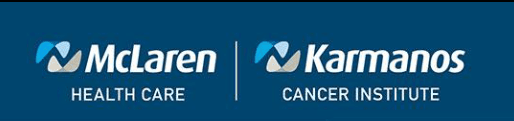 White McLaren Health Care and Karmanos Cancer Institute logos on a dark blue background.