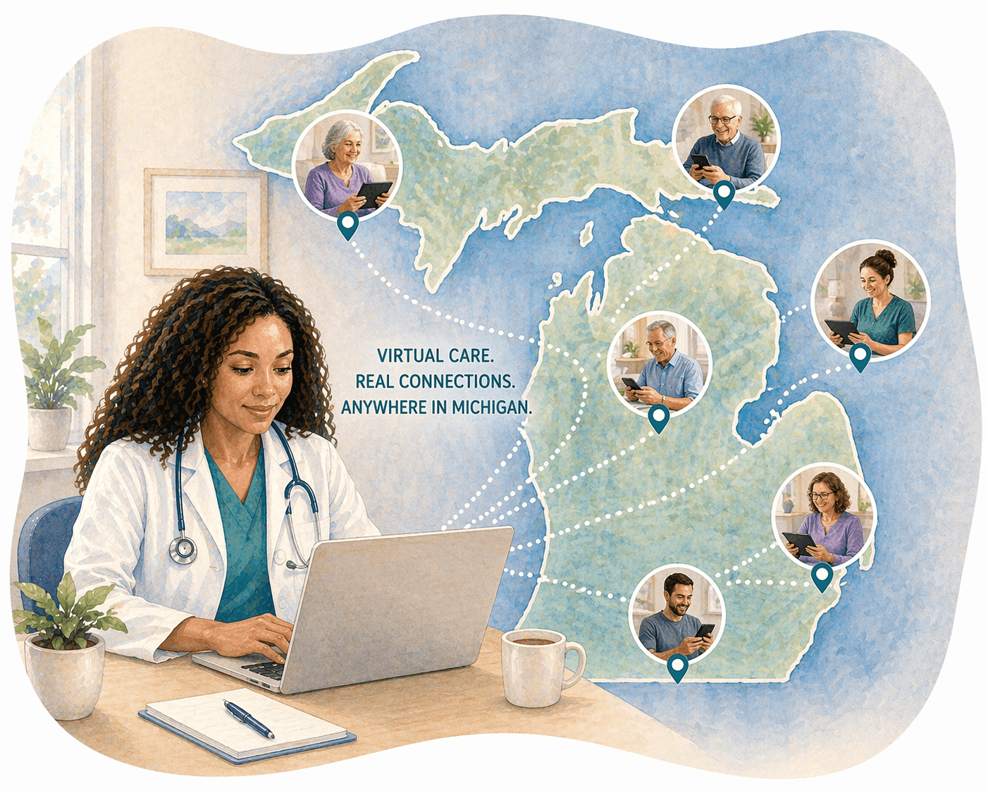 Doctor on a laptop connecting with patients across a map of Michigan via telehealth.